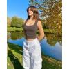 imageOQQ Womens 2 Piece Crop Tops Rueched Sleeveless Square Neck Stretch Basic Tank ShirtsBlack tea Leaf