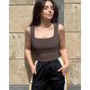 imageOQQ Womens 2 Piece Crop Tops Rueched Sleeveless Square Neck Stretch Basic Tank ShirtsBlack tea Leaf