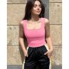 imageOQQ Womens 2 Piece Crop Tops Rueched Sleeveless Square Neck Stretch Basic Tank ShirtsWhite candypink