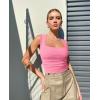 imageOQQ Womens 2 Piece Crop Tops Rueched Sleeveless Square Neck Stretch Basic Tank ShirtsWhite candypink