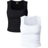 imageOQQ Womens 2 Piece Crop Tops Rueched Sleeveless Square Neck Stretch Basic Tank ShirtsBlack white