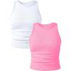 imageOQQ Womens 2 Piece Tank Tops Crew Neck Sleeveless Basic Stretch Casusal Yoga Crop CamisFluorescent Pink white