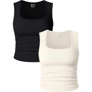imageOQQ Womens 2 Piece Crop Tops Rueched Sleeveless Square Neck Stretch Basic Tank ShirtsBlack beige