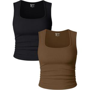 imageOQQ Womens 2 Piece Crop Tops Rueched Sleeveless Square Neck Stretch Basic Tank ShirtsBlack coffee