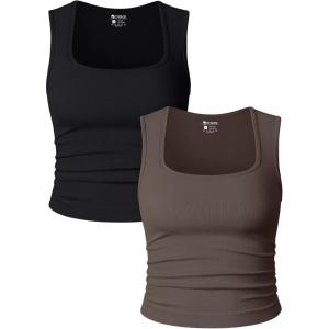 imageOQQ Womens 2 Piece Crop Tops Rueched Sleeveless Square Neck Stretch Basic Tank ShirtsBlack tea Leaf
