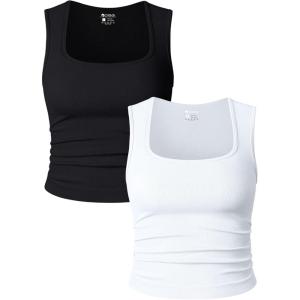 imageOQQ Womens 2 Piece Crop Tops Rueched Sleeveless Square Neck Stretch Basic Tank ShirtsBlack white