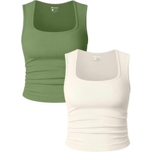 imageOQQ Womens 2 Piece Crop Tops Rueched Sleeveless Square Neck Stretch Basic Tank ShirtsPea Green beige