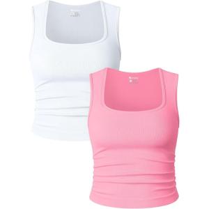 imageOQQ Womens 2 Piece Crop Tops Rueched Sleeveless Square Neck Stretch Basic Tank ShirtsWhite candypink