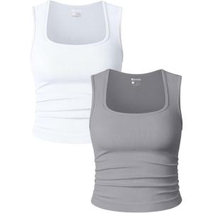imageOQQ Womens 2 Piece Crop Tops Rueched Sleeveless Square Neck Stretch Basic Tank ShirtsWhite smoke Grey