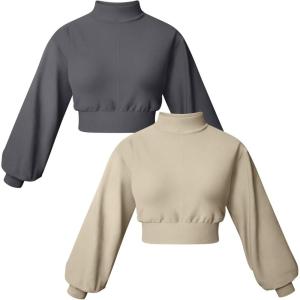 imageOQQ Womens 2 Piece Sweatshirts Cropped Pullover Half High Neck Casual Long Sleeve Shirts 2024 Fall Outfits Darkgrey Oat meal