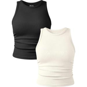 imageOQQ Womens 2 Piece Tank Tops Crew Neck Sleeveless Basic Stretch Casusal Yoga Crop CamisBlack beige