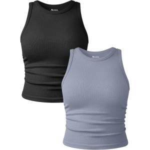 imageOQQ Womens 2 Piece Tank Tops Crew Neck Sleeveless Basic Stretch Casusal Yoga Crop CamisBlack blues