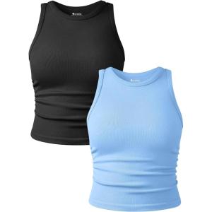 imageOQQ Womens 2 Piece Tank Tops Crew Neck Sleeveless Basic Stretch Casusal Yoga Crop CamisBlack candyblue
