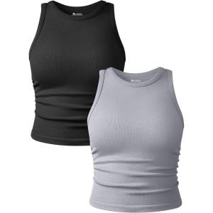 imageOQQ Womens 2 Piece Tank Tops Crew Neck Sleeveless Basic Stretch Casusal Yoga Crop CamisBlack grey