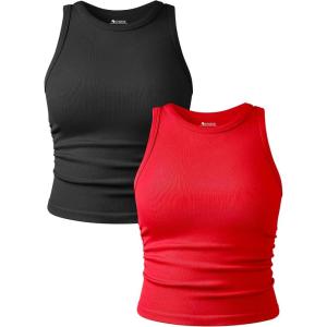imageOQQ Womens 2 Piece Tank Tops Crew Neck Sleeveless Basic Stretch Casusal Yoga Crop CamisBlack red