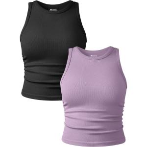 imageOQQ Womens 2 Piece Tank Tops Crew Neck Sleeveless Basic Stretch Casusal Yoga Crop CamisBlack taro Purple