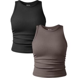 imageOQQ Womens 2 Piece Tank Tops Crew Neck Sleeveless Basic Stretch Casusal Yoga Crop CamisBlack tea Leaf