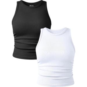 imageOQQ Womens 2 Piece Tank Tops Crew Neck Sleeveless Basic Stretch Casusal Yoga Crop CamisBlack white