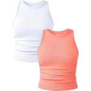 imageOQQ Womens 2 Piece Tank Tops Crew Neck Sleeveless Basic Stretch Casusal Yoga Crop CamisCoral Orange white