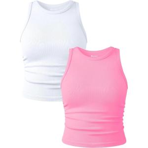imageOQQ Womens 2 Piece Tank Tops Crew Neck Sleeveless Basic Stretch Casusal Yoga Crop CamisFluorescent Pink white