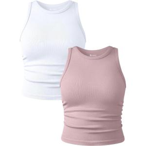 imageOQQ Womens 2 Piece Tank Tops Crew Neck Sleeveless Basic Stretch Casusal Yoga Crop CamisHide Pink white
