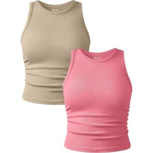 imageOQQ Womens 2 Piece Tank Tops Crew Neck Sleeveless Basic Stretch Casusal Yoga Crop CamisOatmeal dry Rose