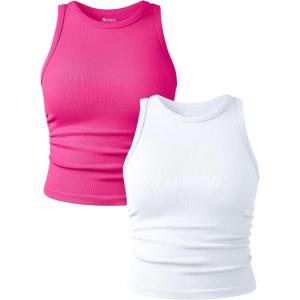 imageOQQ Womens 2 Piece Tank Tops Crew Neck Sleeveless Basic Stretch Casusal Yoga Crop CamisPitaya white
