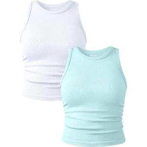 imageOQQ Womens 2 Piece Tank Tops Crew Neck Sleeveless Basic Stretch Casusal Yoga Crop CamisSea Salt Blue white