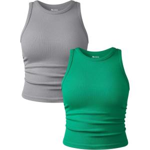 imageOQQ Womens 2 Piece Tank Tops Crew Neck Sleeveless Basic Stretch Casusal Yoga Crop CamisSmoke Grey green