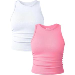 imageOQQ Womens 2 Piece Tank Tops Crew Neck Sleeveless Basic Stretch Casusal Yoga Crop CamisWhite candypink