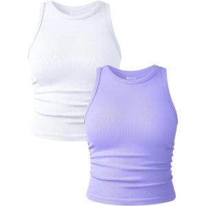 imageOQQ Womens 2 Piece Tank Tops Crew Neck Sleeveless Basic Stretch Casusal Yoga Crop CamisWhite purple
