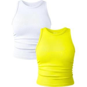 imageOQQ Womens 2 Piece Tank Tops Crew Neck Sleeveless Basic Stretch Casusal Yoga Crop CamisWhite yellow