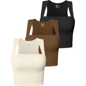 imageOQQ Womens 3 Piece Tank Tops Strappy Sleeveless Square Neck Stretch Tee Shirts Crop CamisBlack coffee beige