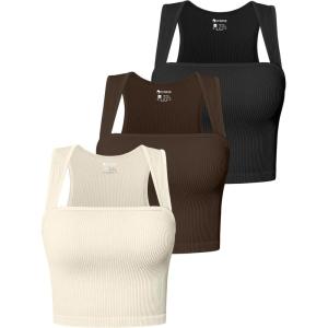 imageOQQ Womens 3 Piece Tank Tops Strappy Sleeveless Square Neck Stretch Tee Shirts Crop CamisBlack darkbrown beige