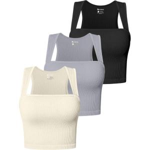 imageOQQ Womens 3 Piece Tank Tops Strappy Sleeveless Square Neck Stretch Tee Shirts Crop CamisBlack grey beige