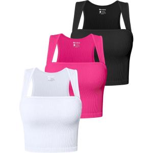imageOQQ Womens 3 Piece Tank Tops Strappy Sleeveless Square Neck Stretch Tee Shirts Crop CamisBlack pitaya white
