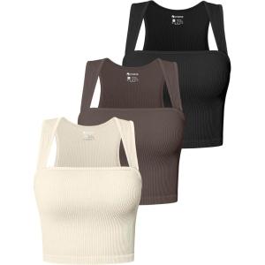 imageOQQ Womens 3 Piece Tank Tops Strappy Sleeveless Square Neck Stretch Tee Shirts Crop CamisBlack tea Leaf beige
