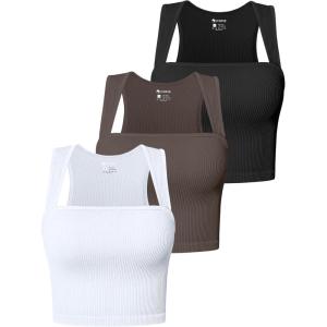 imageOQQ Womens 3 Piece Tank Tops Strappy Sleeveless Square Neck Stretch Tee Shirts Crop CamisBlack tea Leaf white