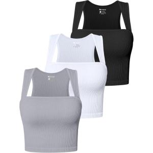 imageOQQ Womens 3 Piece Tank Tops Strappy Sleeveless Square Neck Stretch Tee Shirts Crop CamisBlack white grey