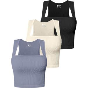 imageOQQ Womens 3 Piece Tank Tops Strappy Sleeveless Square Neck Stretch Tee Shirts Crop CamisBlues beige black