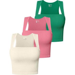 imageOQQ Womens 3 Piece Tank Tops Strappy Sleeveless Square Neck Stretch Tee Shirts Crop CamisGreen dry Rose beige