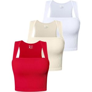 imageOQQ Womens 3 Piece Tank Tops Strappy Sleeveless Square Neck Stretch Tee Shirts Crop CamisRed beige white
