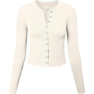 imageOQQ Womens Long Sleeve Shirts Crew Neck Button Knit Stretch Casual Basic Tops Fitted Tee ShirtsBeige
