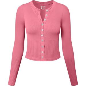 imageOQQ Womens Long Sleeve Shirts Crew Neck Button Knit Stretch Casual Basic Tops Fitted Tee ShirtsDry Rose