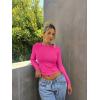 imageOQQ Womens 2 Piece Shirts Long Sleeve Crew Neck Ruched Stretch Basic Fitted Tee Shirts TopsBlack pitaya