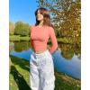 imageOQQ Womens 2 Piece Shirts Long Sleeve Crew Neck Ruched Stretch Basic Fitted Tee Shirts TopsCoralorange candypink