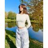 imageOQQ Womens 2 Piece Shirts Long Sleeve Crew Neck Ruched Stretch Basic Fitted Tee Shirts TopsPea Green beige
