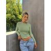 imageOQQ Womens 2 Piece Shirts Long Sleeve Crew Neck Ruched Stretch Basic Fitted Tee Shirts TopsPea Green beige