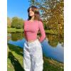 imageOQQ Womens 2 Piece Shirts Long Sleeve Crew Neck Ruched Stretch Basic Fitted Tee Shirts TopsSea Salt Blue dry Rose