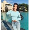 imageOQQ Womens 2 Piece Shirts Long Sleeve Crew Neck Ruched Stretch Basic Fitted Tee Shirts TopsSea Salt Blue dry Rose